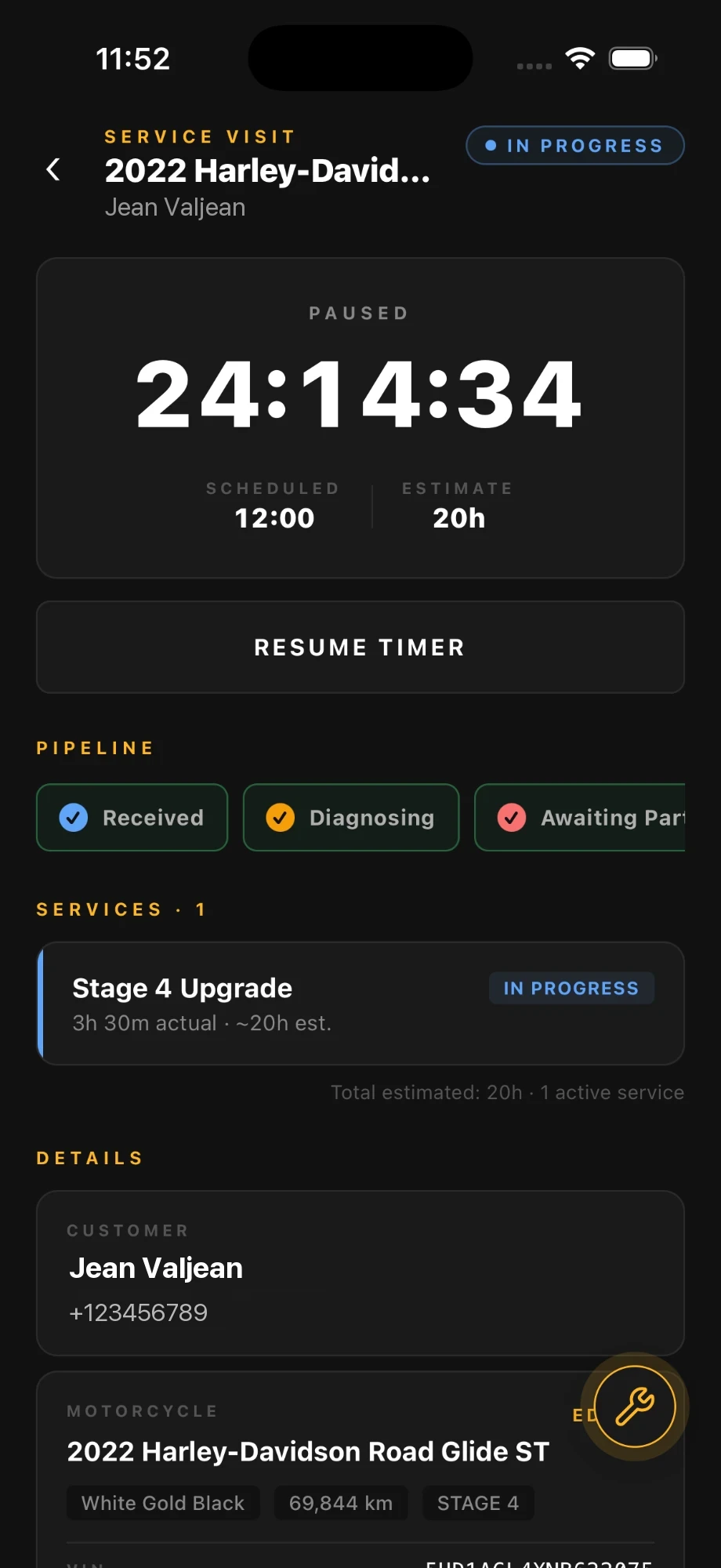 Forty5° mechanic app tracking a live Stage 4 service on a 2022 Road Glide ST